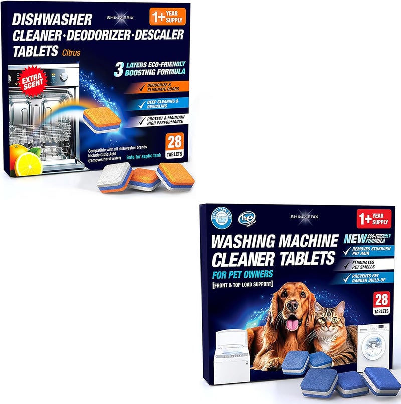 SHIMMERIX Washing Machine Cleaner Tablets for Pet Owners 28 Pack & Dishwasher Cleaner Deodorizer Descaler Tablets 28 Pack Bundle - 1 Plus Year Supply - Septic Safe Eco Friendly Formula - Image 1